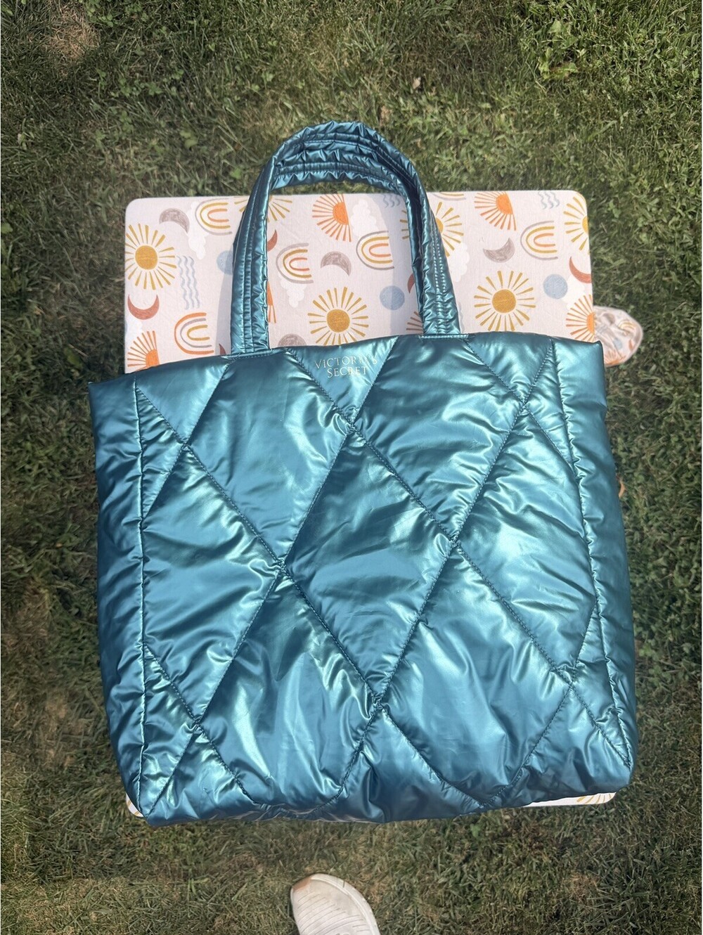 Victoria Secret Tote Bag Teal Green Metallic Quilted Puffer Large Travel
